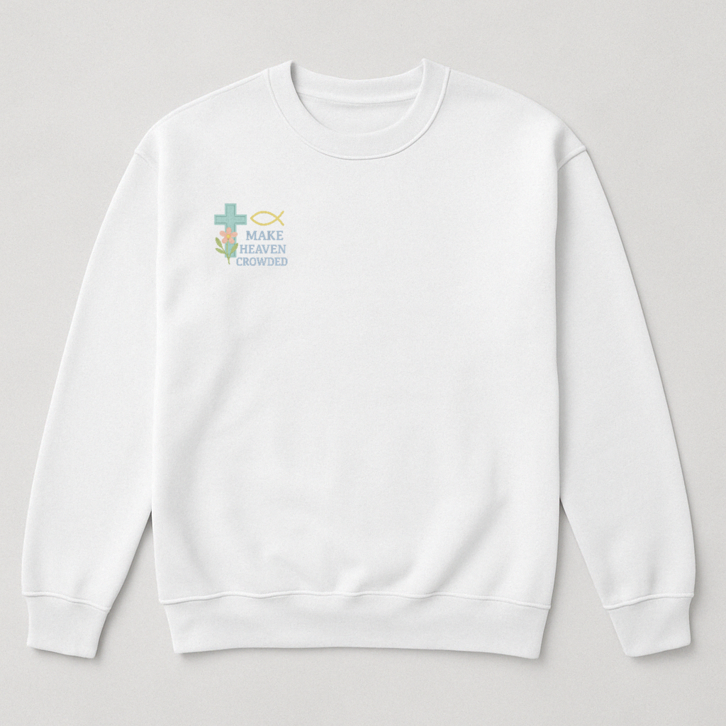 Make Heaven Crowded Embroidered Crewneck- Spring Collection- White- Blue Cross with Flower