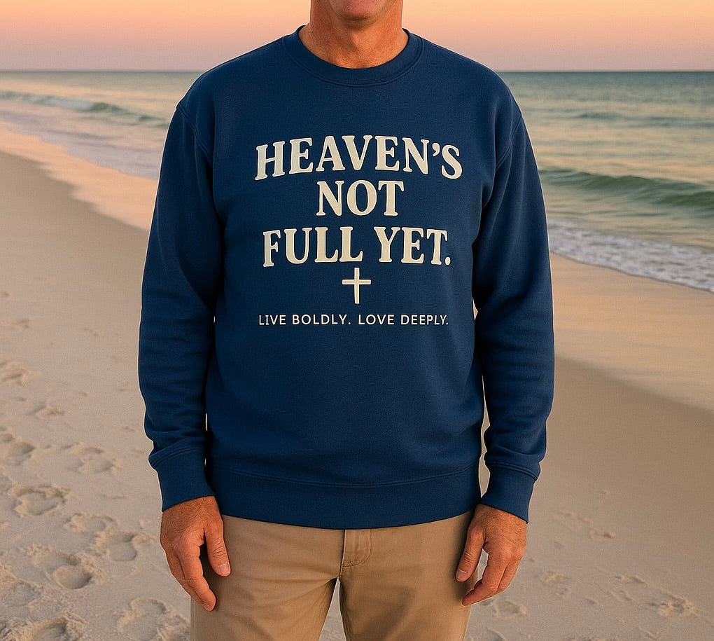 Man wearing Royal Blue Christian Crewneck- Live Boldly. Love Deeply. Heaven's not full yet.