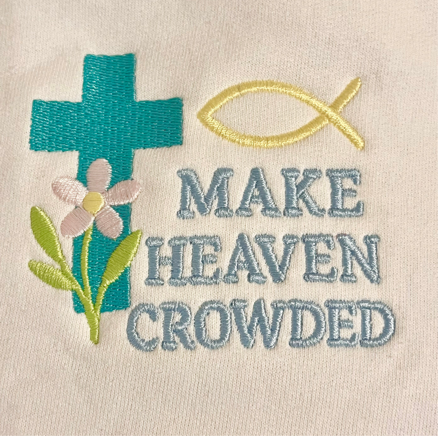 Make Heaven Crowded Embroidered Crewneck- Spring Collection- White- Blue Cross with Flower