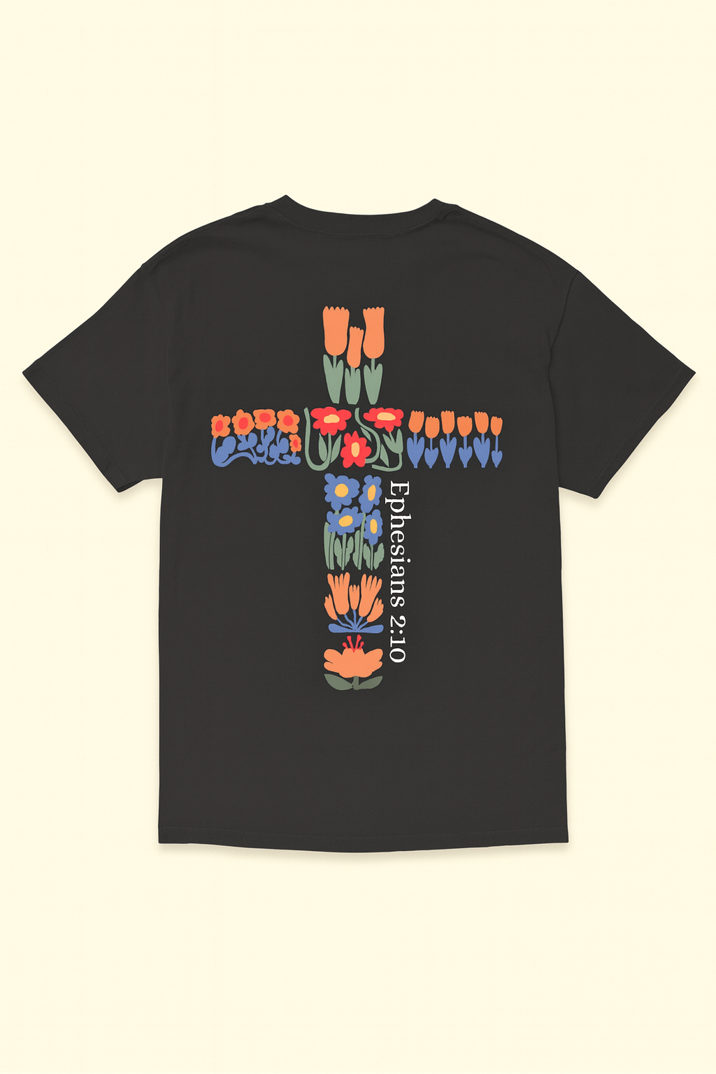 Followers of Faith- Floral Cross Tee – Black (Ephesians 2:10)