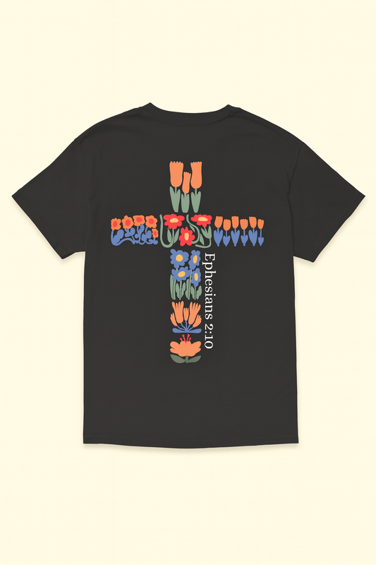 Followers of Faith- Floral Cross Tee – Black (Ephesians 2:10)