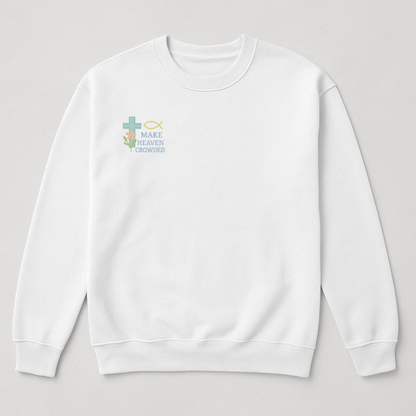 Make Heaven Crowded Embroidered Crewneck- Spring Collection- White- Blue Cross with Flower