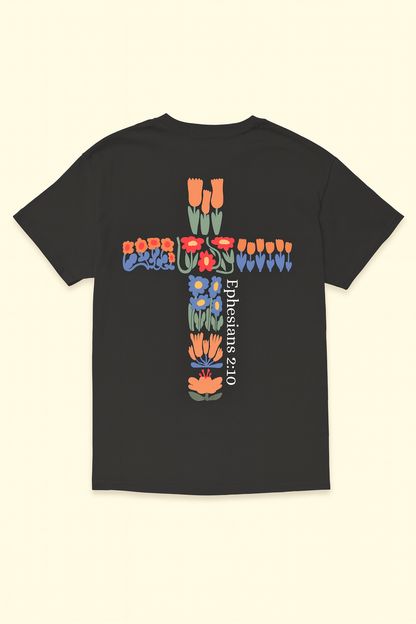Followers of Faith- Floral Cross Tee – Black (Ephesians 2:10)